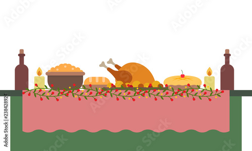 Vector illustration of a big banquet table with drinks and foods. Festive holiday dinner. Christmas and New year table. Flat style illustration.