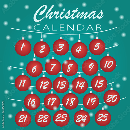 Merry Christmas. Advent calendar  Holiday template with Christmas balls  numbers for Christmas calendar