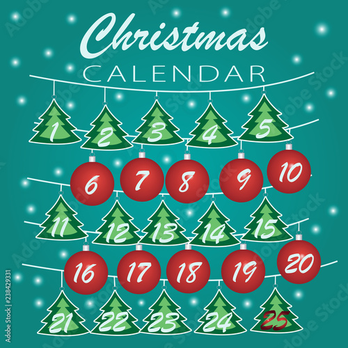 Merry Christmas. Advent calendar  Holiday template with Christmas balls and trees with numbers for Christmas calendar