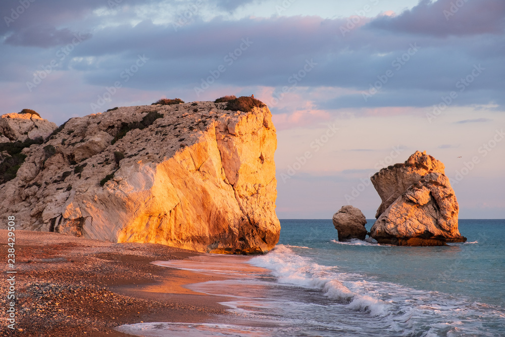Beautiful afternoon view of the beach around Petra tou Romiou, also known as Aphrodite's birthplace, in Paphos, Cyprus.