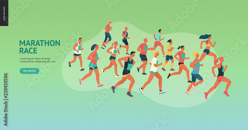 Marathon race group - flat modern vector concept illustration of running men and women wearing sportswer. Marathon race, 5k run, sprint. Creative landing page design template, web banner