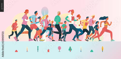 Marathon race group - flat modern vector concept illustration of running men and women wearing winter sportswer. Marathon race, 5k run, sprint. Creative landing page design template, web banner
