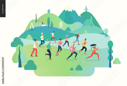 Marathon race group - flat modern vector concept illustration of running men and women wearing sportswer in landscape. Marathon race  5k run  sprint. Creative landing page design template  web banner