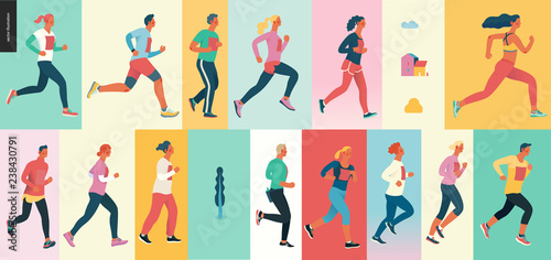Marathon race group - flat modern vector concept illustration of running men and women wearing winter sportswer. Marathon race, 5k run, sprint. Creative landing page design template, web banner