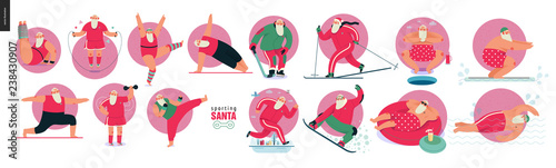 Sporting Santa - sport exercises - modern flat vector concept illustration set of cheerful Santa Claus doing aerobic and fitness exercises in the gym, outdoor and water activity, xmas fitness activity