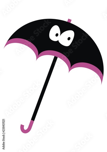 Funny umbrella with eyes, vector illustration. Black umbrella with eyes and purple rim.