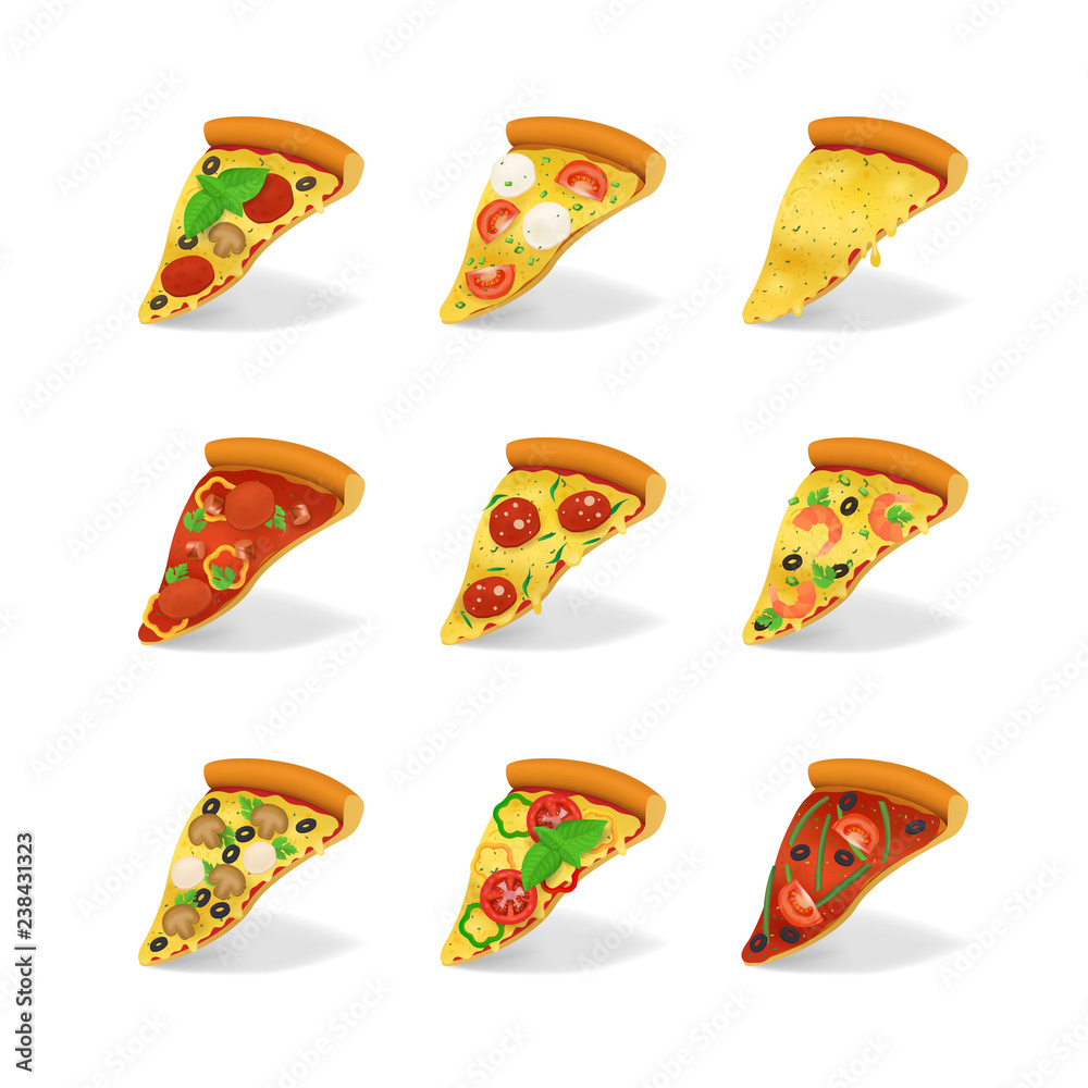 Realistic 3d Detailed Pizza Slices Set. Vector Realistic 3d Detailed Pizza Slices Set. Vector