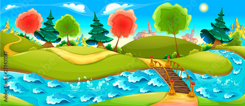Funny landscape with river, trees and town on the horizon