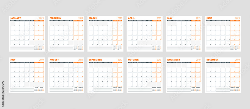 Calendar template for 2019 year. Set of 12 months. January, February, March, April, May, June, July, August, September, October, November, December. Stationery design Calendar template for 2019 year. Set of 12 months. January, February, March, April, May, June, July, August, September, October, November, December. Stationery design