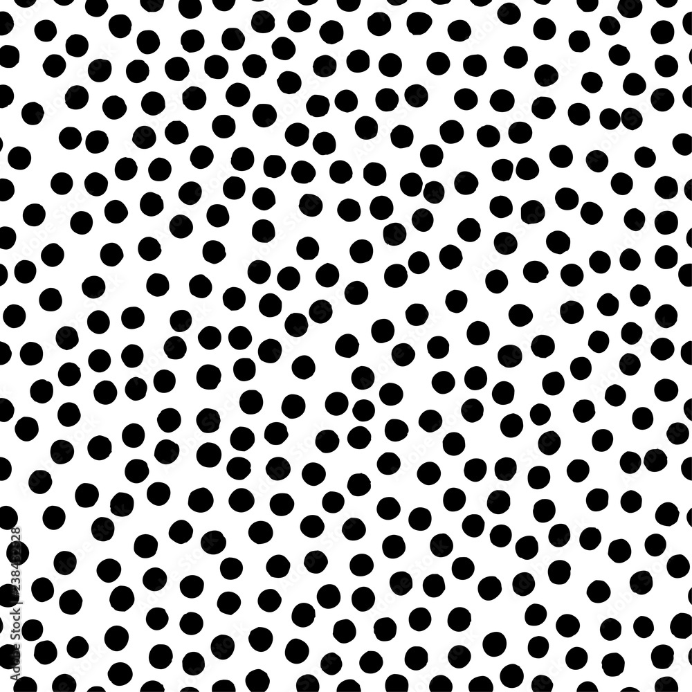 Black and white seamless polka dot pattern. Hand drawn vector ornament for wrapping paper.	 