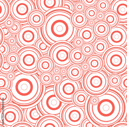 Abstract round concentric orbital speaker circles. Seamless pattern texture. Bright red crimson on white background. Random ring ball target size overlap. Geometric vector design illustration.