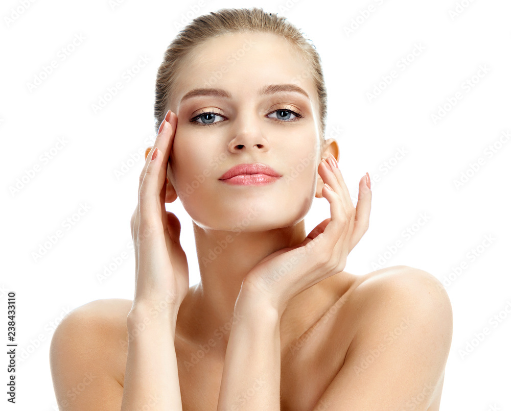 Young blonde woman with beautiful makeup isolated on white background. Youth and skin care concept Young blonde woman with beautiful makeup isolated on white background. Youth and skin care concept