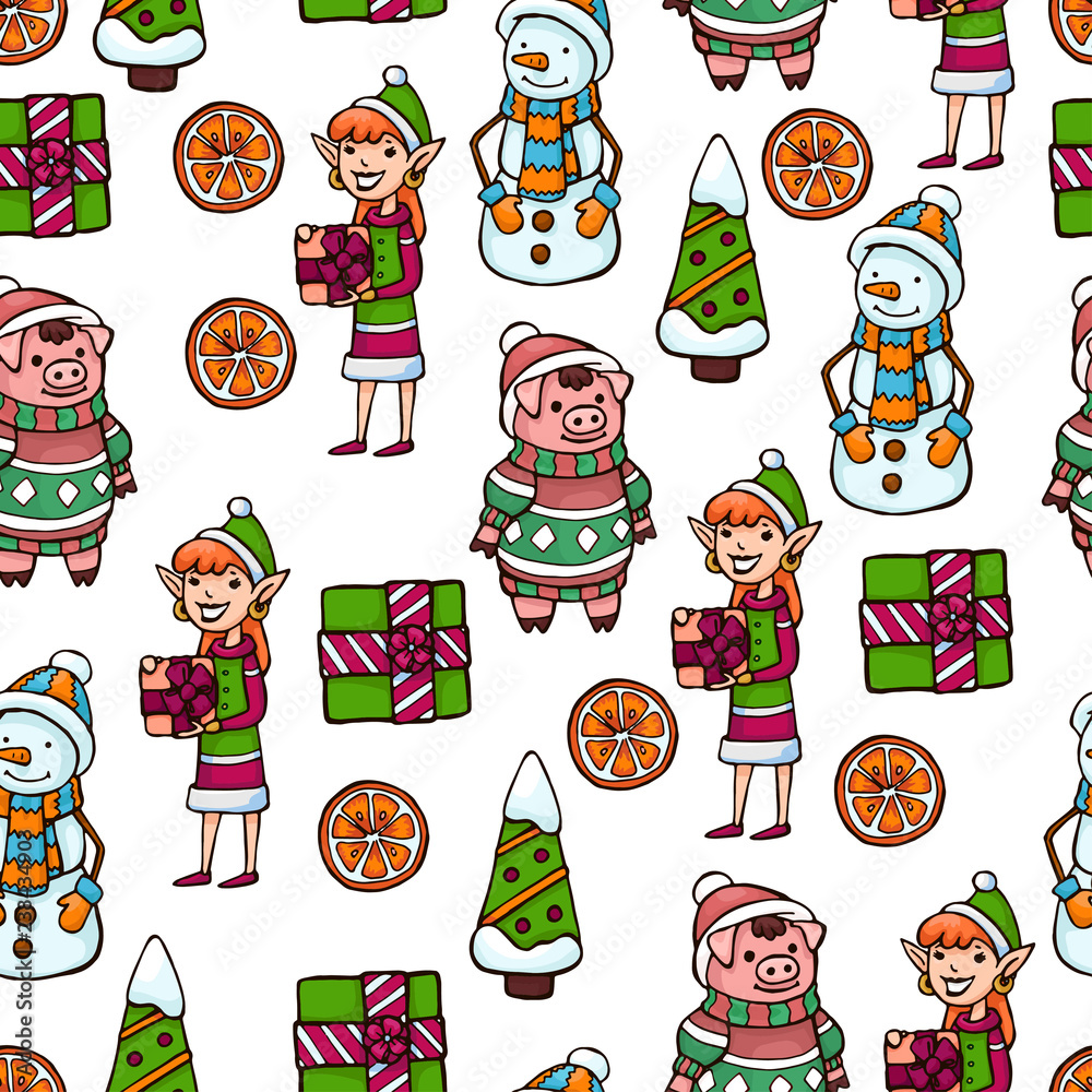 Naklejka premium Vector seamless pattern with New year and Christmas props