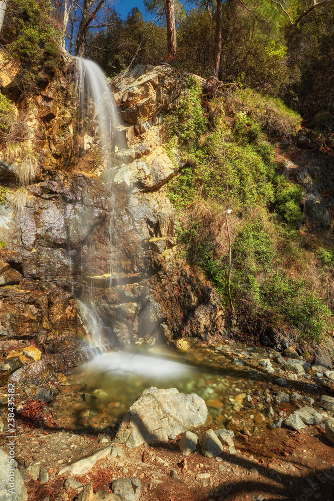 TROODOS MOUNTAIN, CYPRUS. The waterfall of Kalidonia close to Platres village, Troodos mountain - obrazy, fototapety, plakaty 