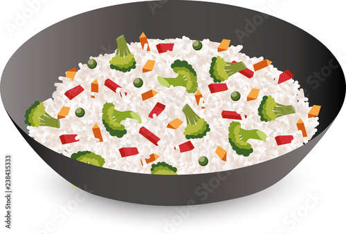 Rice with vegetables in a bowl isolated on white background. Vector illustration. Healthy food.