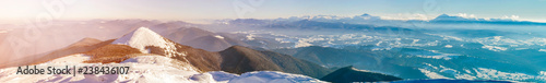 Winter mountains landscape panorana. White snow covered mountain hills