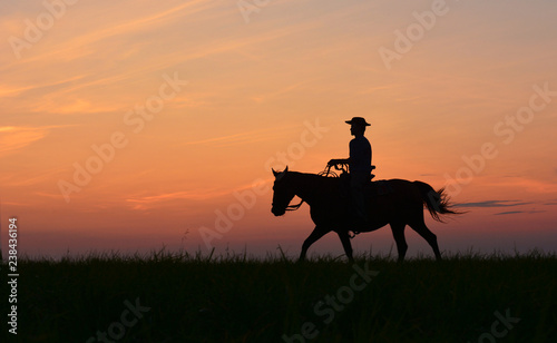 Cowboy in hat riding horse on colorful cloudy sky at sunset. Silhouette of  cowboy travel in wild west mountain like western film background