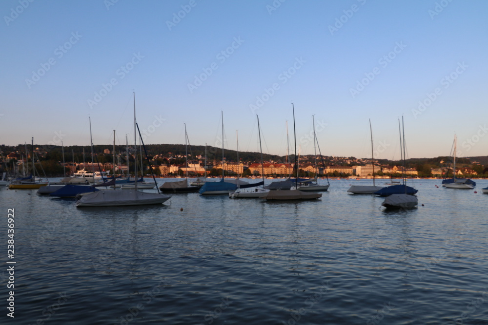 sunset over boats in a marina