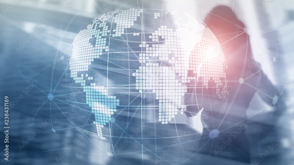 3D Earth hologram on blurred background.Global business and communication concept 3D Earth hologram on blurred background.Global business and communication concept
