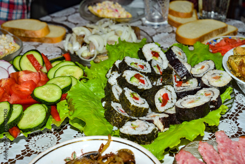 Asian food and Japanese seafood cuisine on the European table. photo