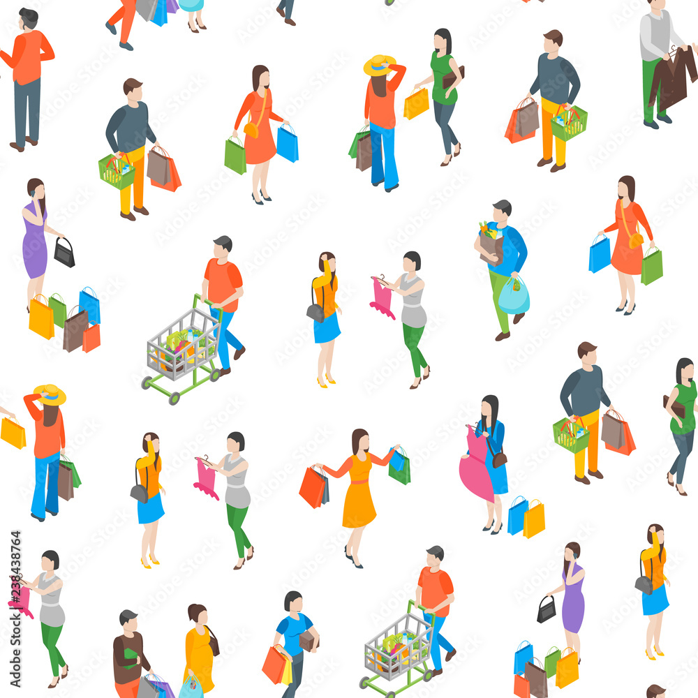 Shopping People 3d Seamless Pattern Background Isometric View. Vector