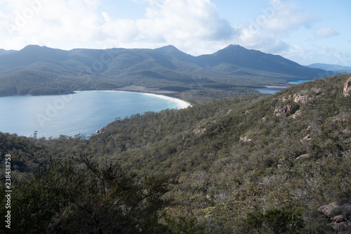 Wineglass Bay, Freycinet National Park, Tasmania, Australia on a cloudy day viewed from the lookout walk