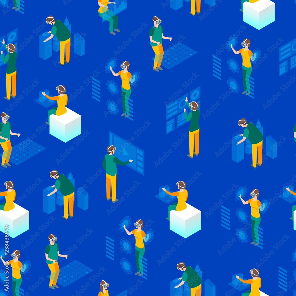 Fototapeta premium Virtual Reality Glasses Concept with People Seamless Pattern Background 3d Isometric View. Vector