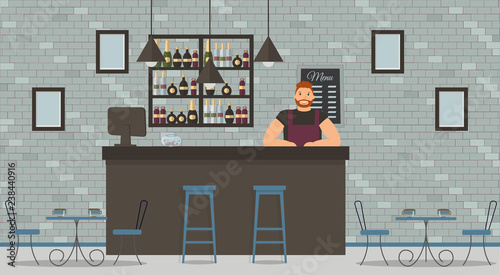 Interior of cafe or bar in loft style. Bar counter, bartender in black T-shirt and apron,tables,monitor,chairs and shelves with bottles of alcohol.Board with menu and photos.Vector flat illustration
