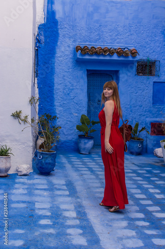 polish model in the blue medina, Morocco. polish model, pale girl. photo