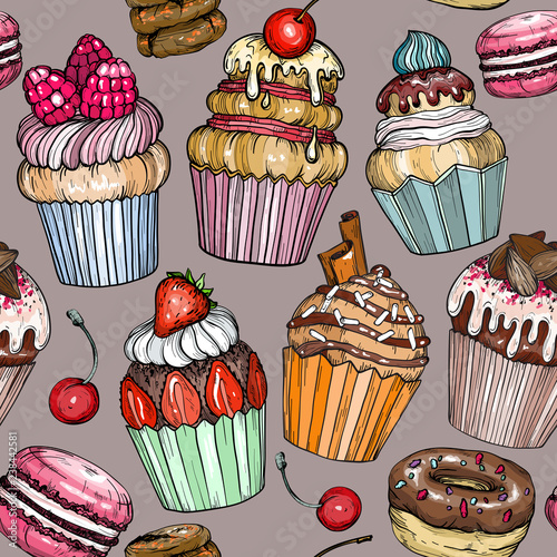 Seamless pattern with Cakes and cupcakes, dessert, bakery