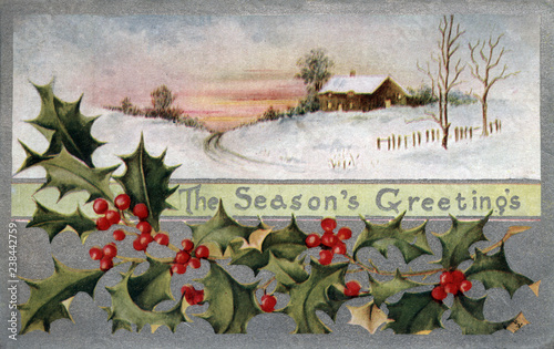 Vintage Christmas Postcard Illustration Seasons Greetings holly country snow