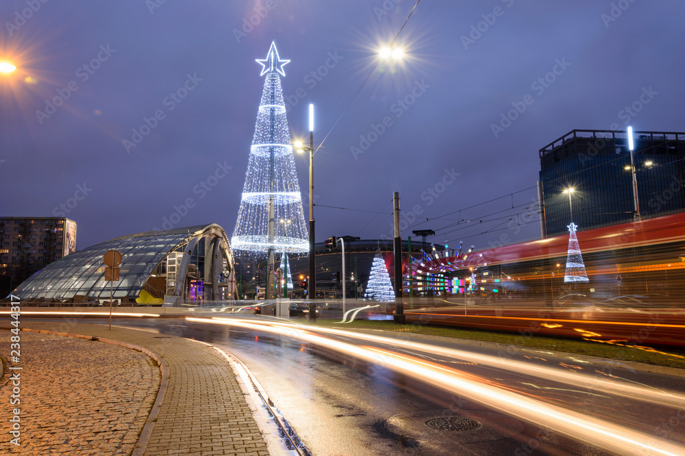 Katowice, Śląskie, Poland - 24/12/2017: Christmas decorations at the Market Square