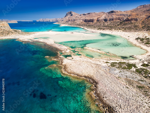 Aerial view of Balos lagoon on Crete island with azure clear water, Greece, Europe