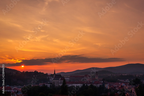 Sunset over the medieval town Cesky Krumlov with the castle, Czech republic, Europe.