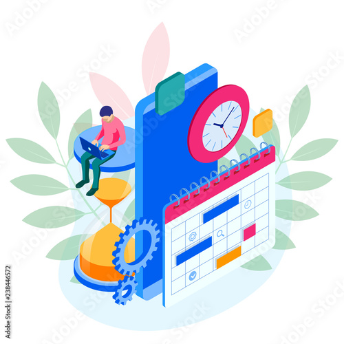 Isometric online weekly schedule and calendar planner organization management on smartphone . Online business workflow, time management, planning, task app, teamwork, and meeting.
