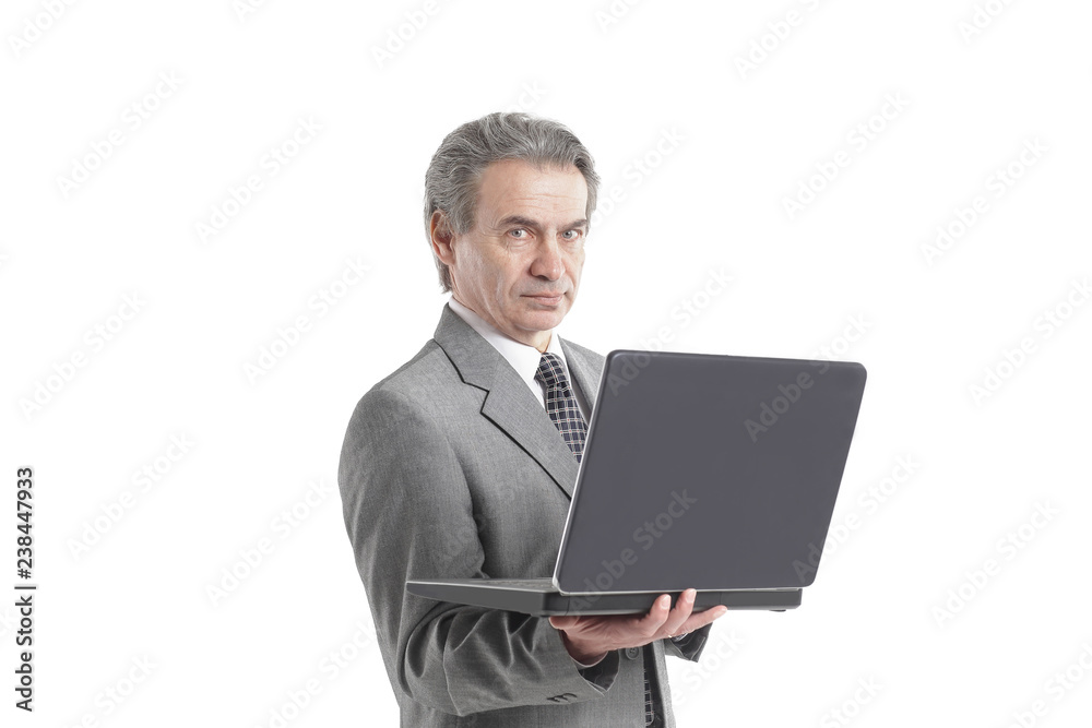 close up.adult businessman looking at laptop screen.isolated on white background close up.adult businessman looking at laptop screen.isolated on white background