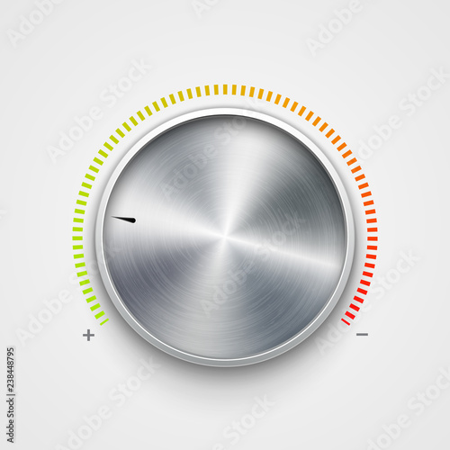 Volume button metal texture steel chrome. Music knob sound level. Sound panel tuner interface