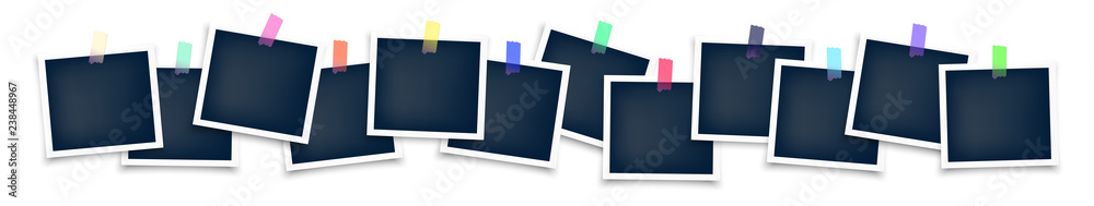 Photo frames mockup glued with color tape . Realistic empty templates. Polaroid mockup - obrazy, fototapety, plakaty 