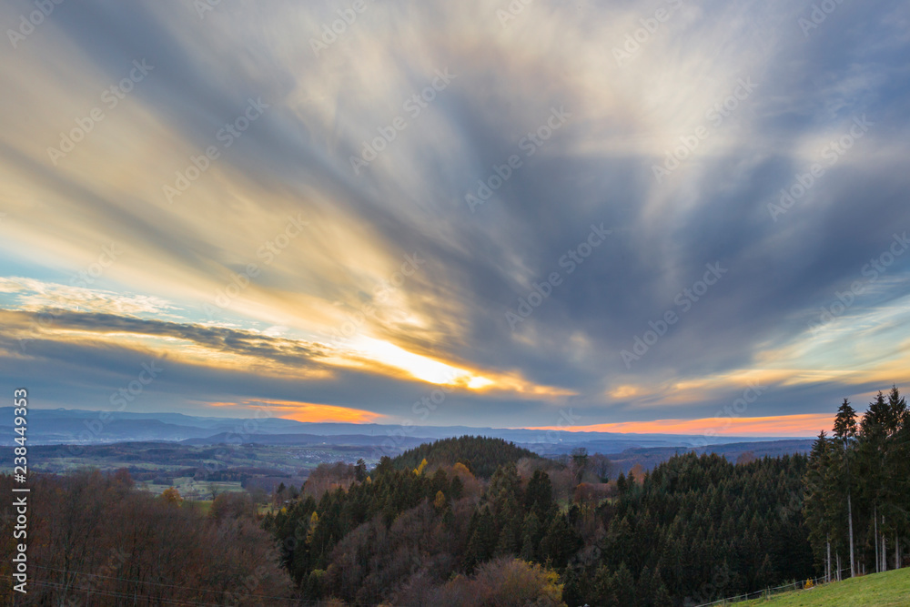 Fototapeta premium Panorama from Sweigmatt in the Black Forest over the city Wehr to the Alps