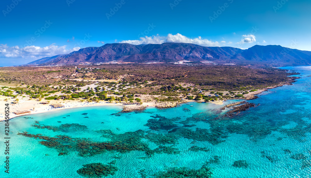 Aerial view of Elafonissi beach on Crete island with azure clear water, Greece, Europeof Elafonissi beach on Crete island with azure clear water, Greece, Europe