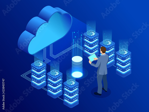 Isometric modern cloud technology and networking concept. Web cloud technology business. Internet data services vector illustration