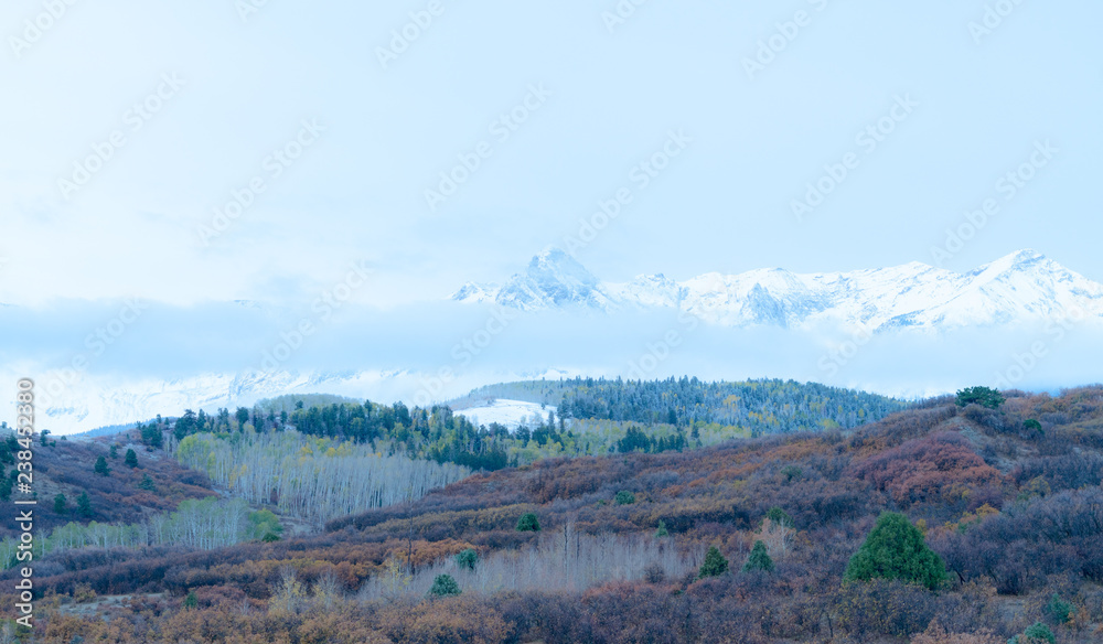 White snow capped peaks tower above dusted fall colored trees