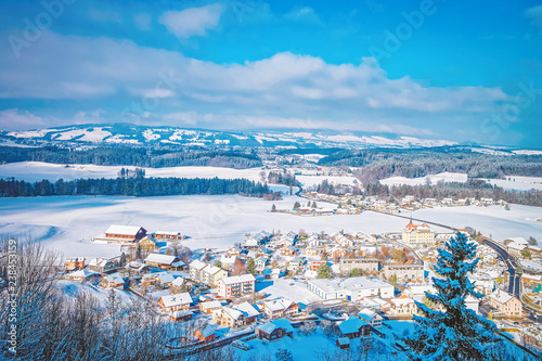 Landscape with Alpine Mountains and Gruyeres town village winter