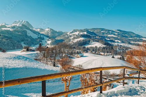 Landscape with Alpine Mountains of Gruyeres town winter