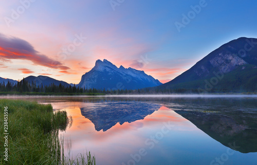 Beautiful sunrise over Vermillion Lake , Banff National Park, Alberta, Canada. Vermilion Lakes are a series of lakes located immediately west of Banff, Alberta