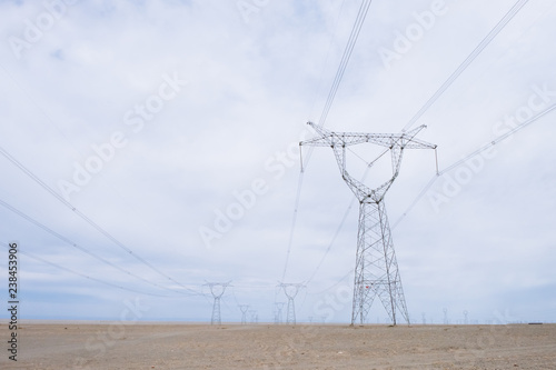 Gobi desert with transmission towers near Dunhuang, Gansu, in northwestern China