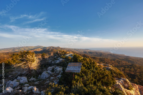 Looking across a campsite towards Chrysohou Bay, Laatchi, Polis and the Akamas Peninsula, Paphos, Cyprus.