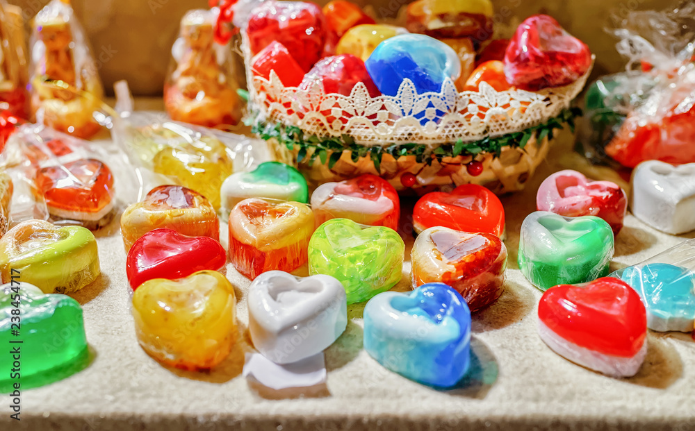 Handmade soap souvenirs in Christmas market of Riga
