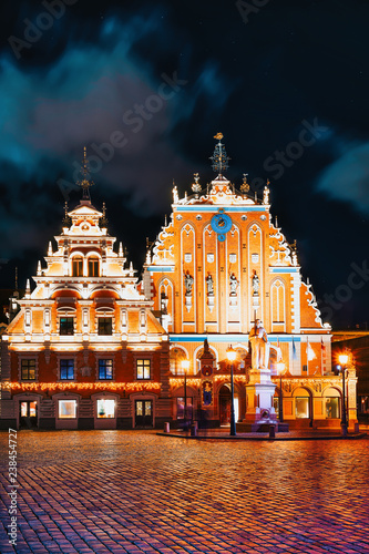 House of Blackheads in Town Hall square Riga at night