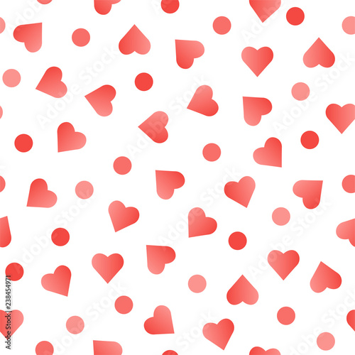 The seamless pattern with red hearts and dots on a white background. Vector.